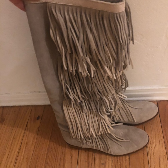 New Zara Moccasins Knee High Fringe Boots Leather - Picture 6 of 10